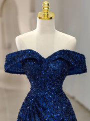 Blue Velvet Sequin Long Prom Dress, Blue Formal Dress