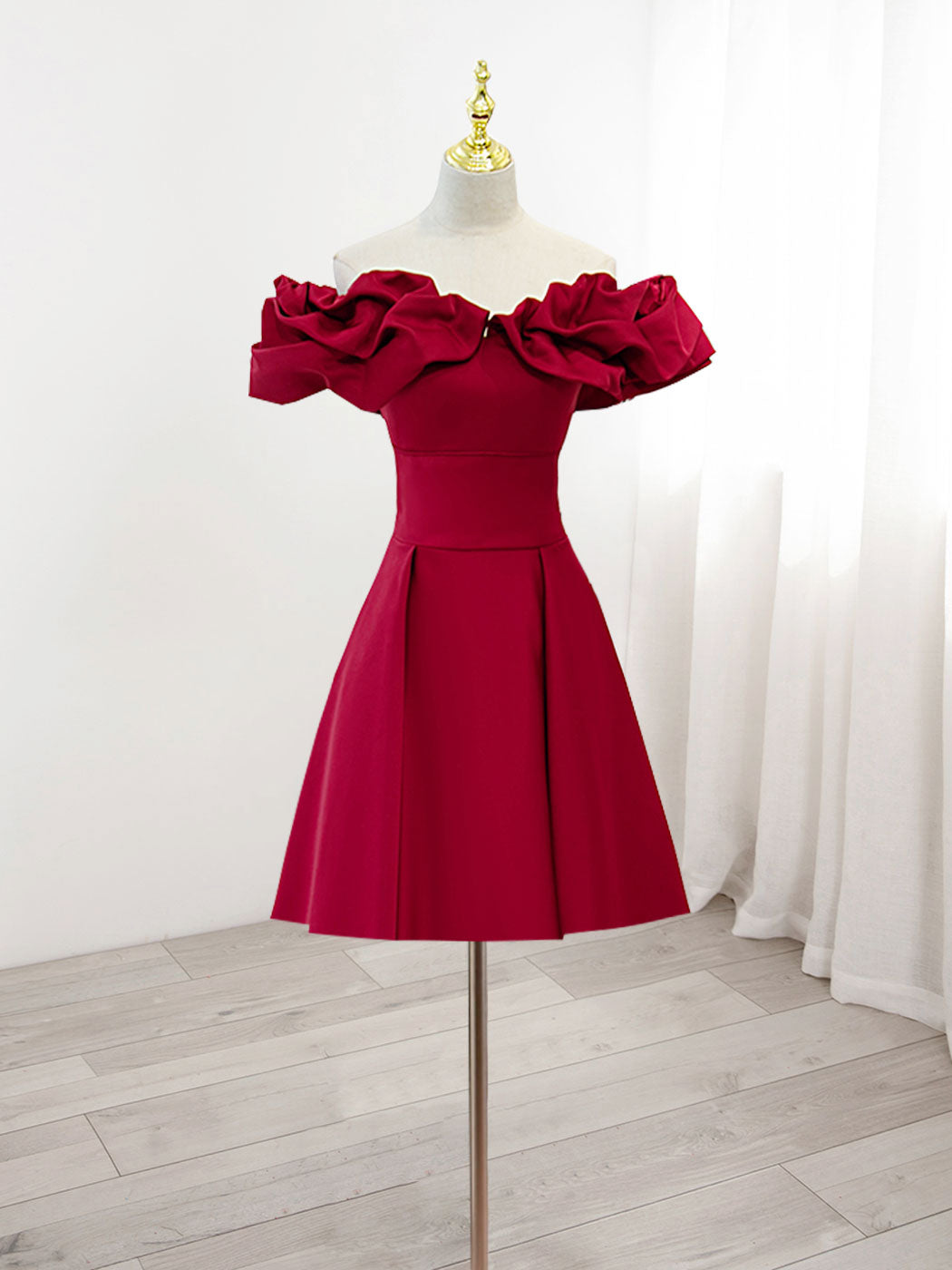 Burgundy A-Line Off Shoulder Satin  Short Prom Dress, Burgundy Homecoming Dress