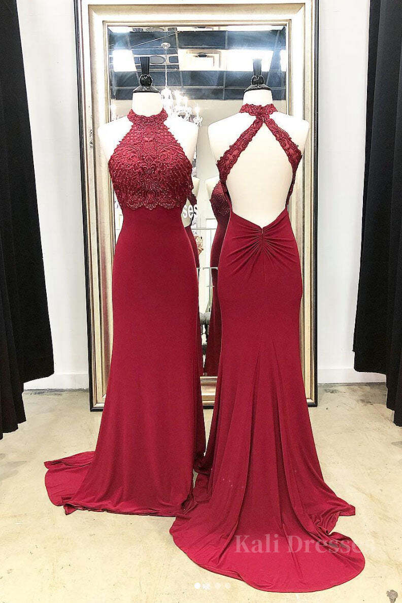 Burgundy high neck lace mermaid long prom dress, lace evening dress