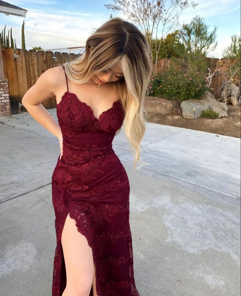 Burgundy long prom dresses, Satin evening dresses,party dresses, formal dress