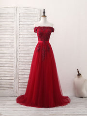 Burgundy Off Shoulder Tulle Lace Applique Long Prom Dress, Evening Dress