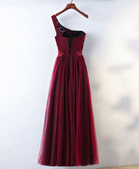 Burgundy One Shoulder Long Prom Dress, Lace Evening Dress