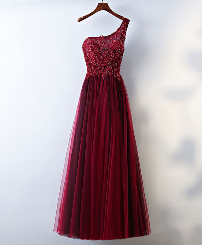 Burgundy One Shoulder Long Prom Dress, Lace Evening Dress