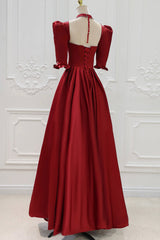 Burgundy Satin High Neck Long Prom Dress, Burgundy A-Line Evening Party Dress