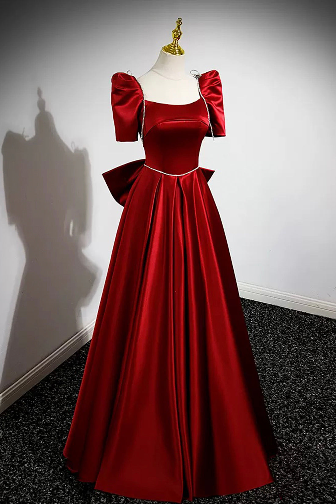 Burgundy Satin Long Prom Dress, A-Line Evening Dress with Bow