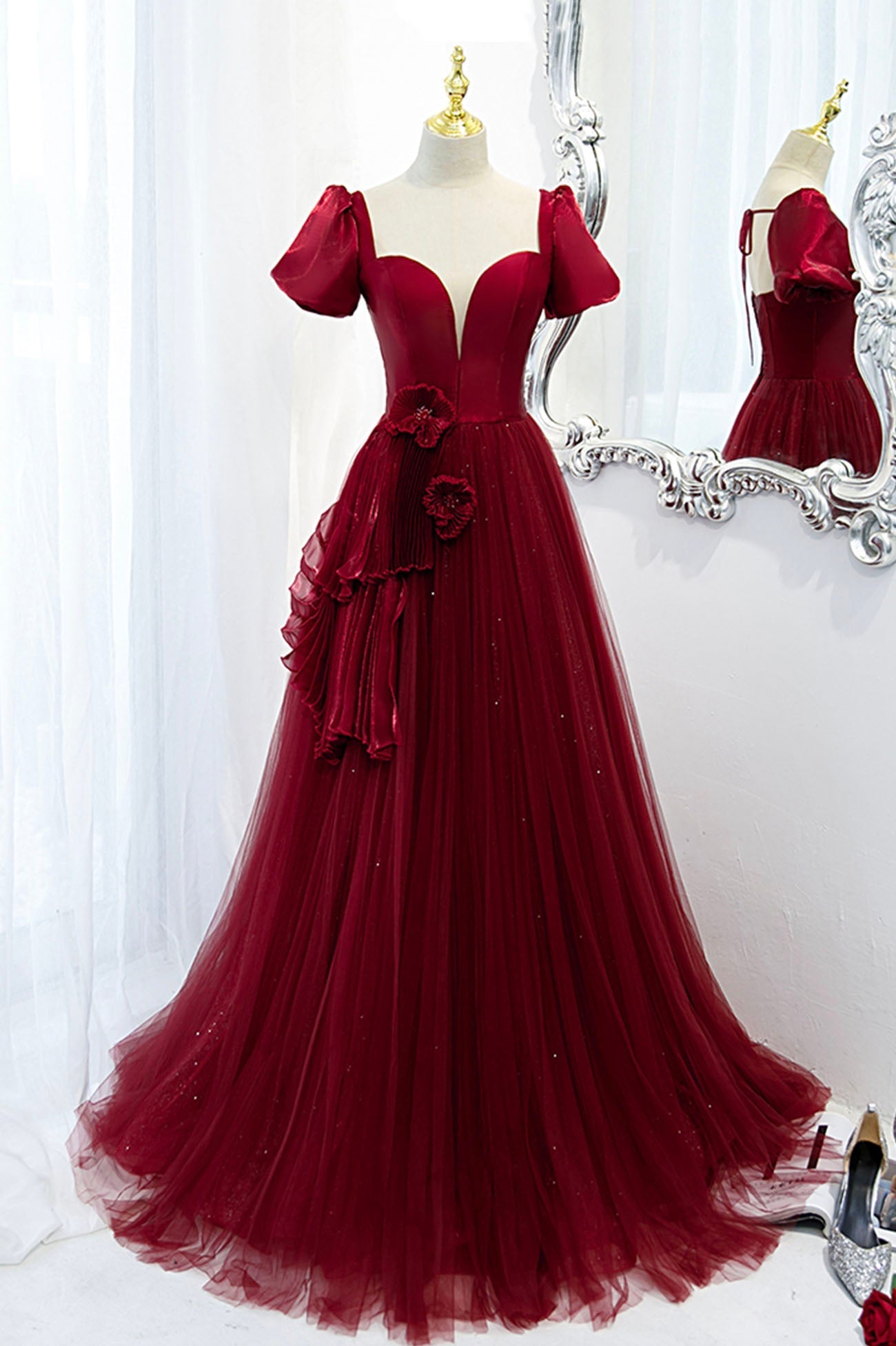 Burgundy Satin Tulle Long Prom Dress, A-Line Short Sleeve Evening Party Dress