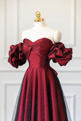 Burgundy Satin Tulle Long Prom Dress, Off Shoulder Evening Party Dress