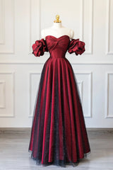 Burgundy Satin Tulle Long Prom Dress, Off Shoulder Evening Party Dress