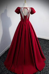 Burgundy Scoop Neckline Satin Long Prom Dress, Short Sleeve Evening Dress