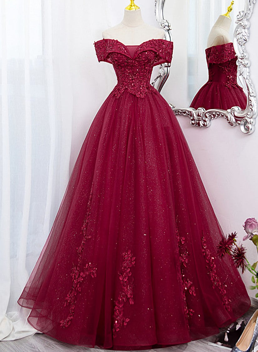 Burgundy Sweetheart Flowers Sequins Lace Party Dress, Long Formal Dress Prom Dress