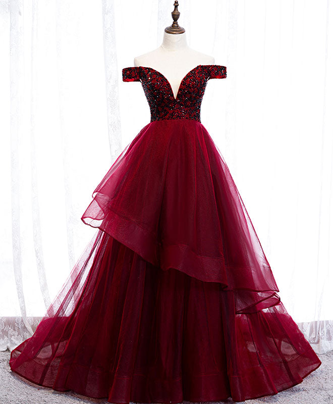 Burgundy Sweetheart Off Shoulder Tulle Long Prom Dress Tulle Formal Dress