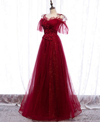 Burgundy Sweetheart Tulle Lace Long Prom Dress Burgundy Formal Dress