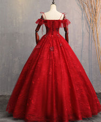 Burgundy Sweetheart Tulle Lace Long Prom Gown, Lace Formal Dress