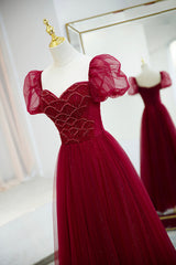 Burgundy Tulle Beaded Long Prom Dress, A-Line Short Sleeve Evening Dress