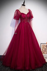 Burgundy Tulle Beaded Long Sleeve Prom Dress, A-Line Evening Graduation Dress