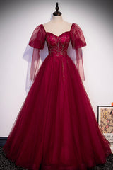 Burgundy Tulle Beaded Long Sleeve Prom Dress, A-Line Evening Graduation Dress