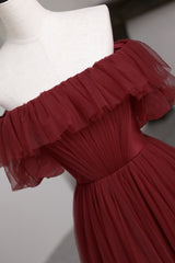 Burgundy Tulle Off the Shoulder Prom Dress, Long A-Line Evening Dress