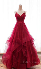 Burgundy v neck tulle long prom dress, burgundy evening dress