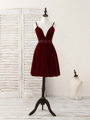 Burgundy V Neck Velvet Short Prom Dress, Burgundy Homecoming Dress