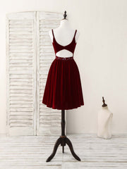 Burgundy V Neck Velvet Short Prom Dress, Burgundy Homecoming Dress