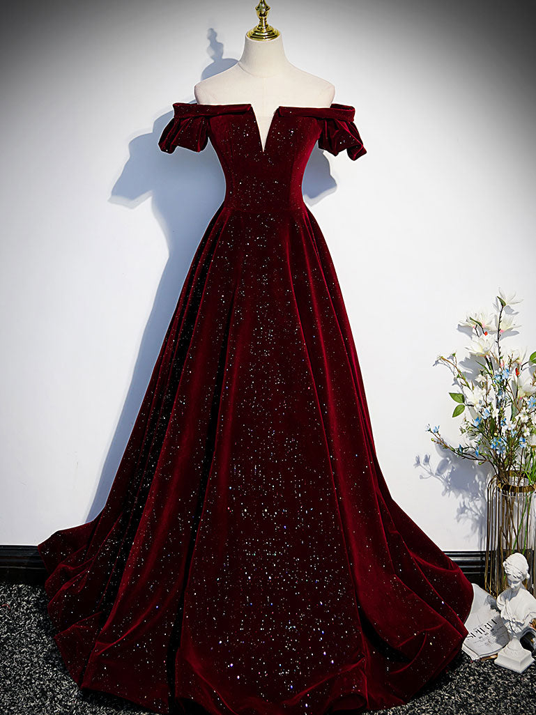 Burgundy Velvet Long Prom Dress, Burgundy Long Formal Dress