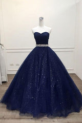 Ong Navy Blue Sparkle Sweetheart Tulle Prom Dress, With Beading Belt