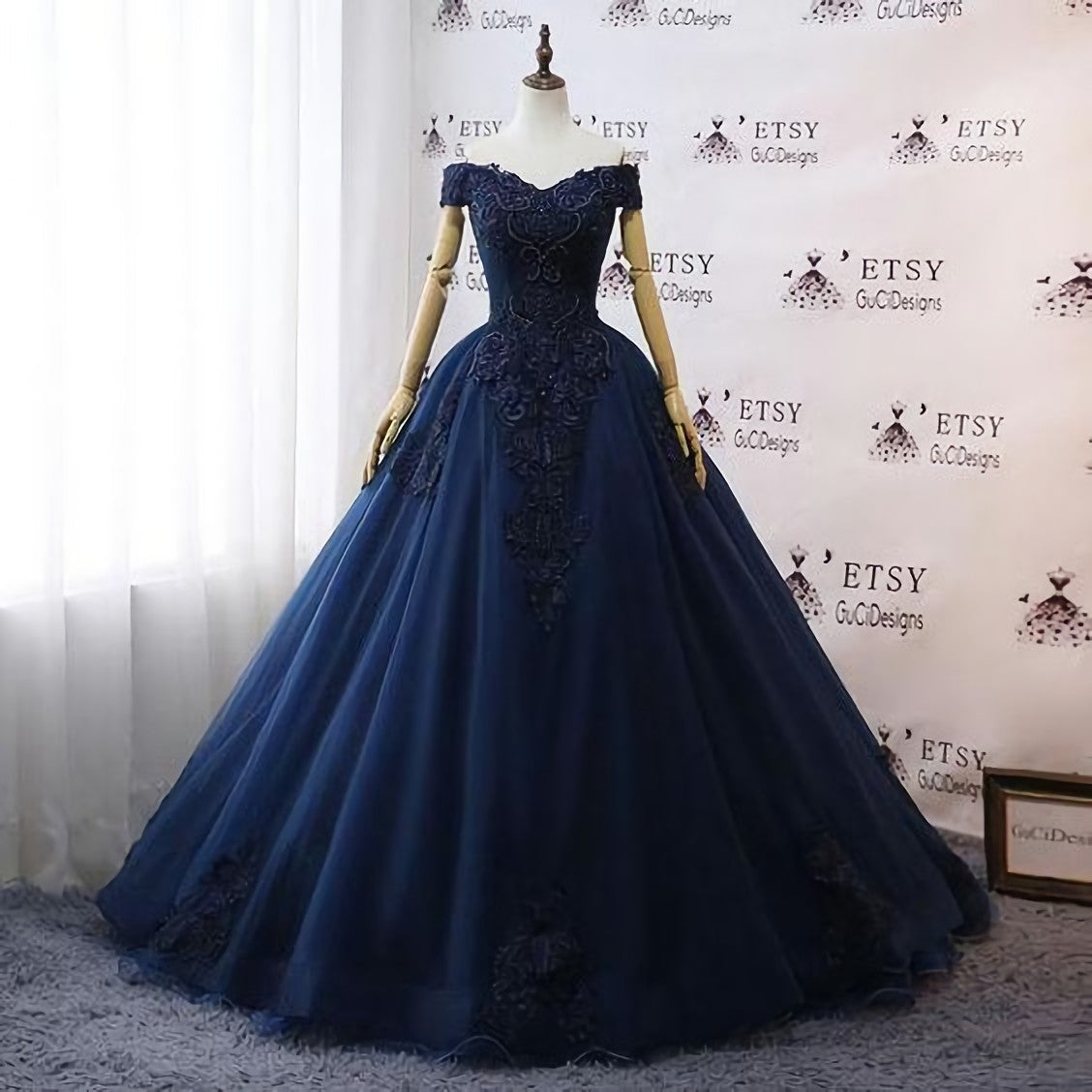 Prom Dresses, Navy Blue Wedding Dresses, Floral Lace Ball Gown Off Shoulder Evening Dress