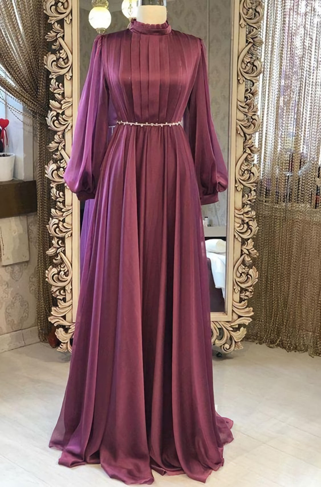 Chiffon Long Sleeves High Neck Fashion Prom Dress