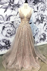 Champagne V Neck Tulle Lace Long Prom Dress, Champagne Tulle Evening Dress