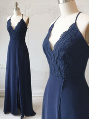 Spaghetti Straps Floor Length Navy Blue Lace Prom Dresses, Navy Blue Lace Formal Evening Bridesmaid Dresses