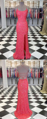 Spaghetti Straps Coral Pink Sequin Mermaid Prom Dress, With Slit