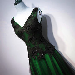 Chaming Black and Green Tulle V-neckline Long Party Dress, V-neckline Prom Dresses