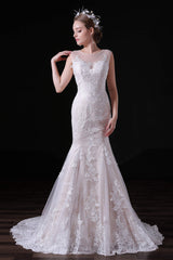 Champagne Lace Tulle Mermaid Long Wedding Dresses