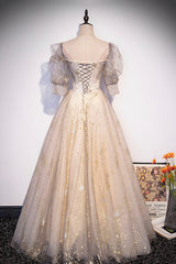 Champagne Tulle Sequins Long Prom Dress, Cute 1/2 Sleeve Party Dress