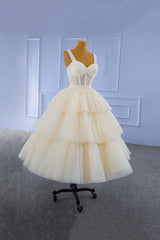 Champagne Tulle Short Prom Dress with Beaded, A-Line Tea Length Party Dress