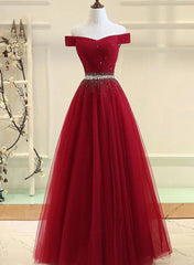 Charming Off Shoulder Tulle Beaded Prom Gown, Wine Red Long Junior Prom Dress