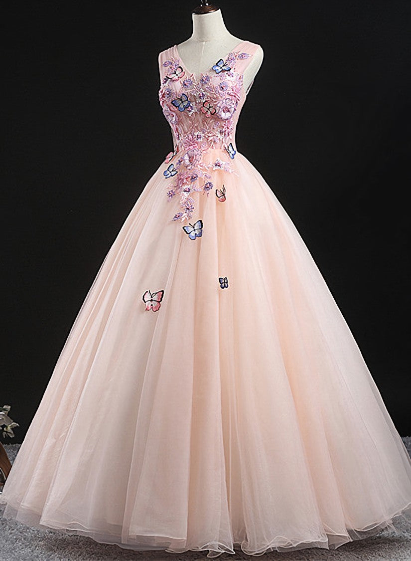 Charming Pink Flowers Ball Gown Long Sweet 16 Dress, Pink Prom Dress