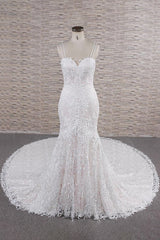 Chic Long Mermaid Sweetheart Spaghetti Strap Appliques Lace Wedding Dress