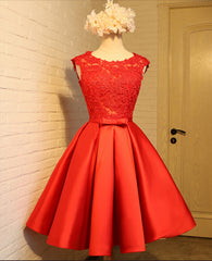 Cute Red Homecoming Dress, Round Neckline Lace and Satin Party Dress