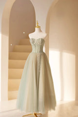 Cute Tulle Tea Length Prom Dress, Green A-Line Strapless Evening Party Dress