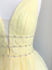 Cute Yellow V Neck Tulle Beads Short Prom Dress Yellow Homecoming Dress