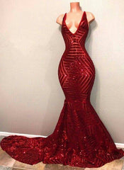 Red Sequins Shiny V-Neck Mermaid Long Prom Dresses