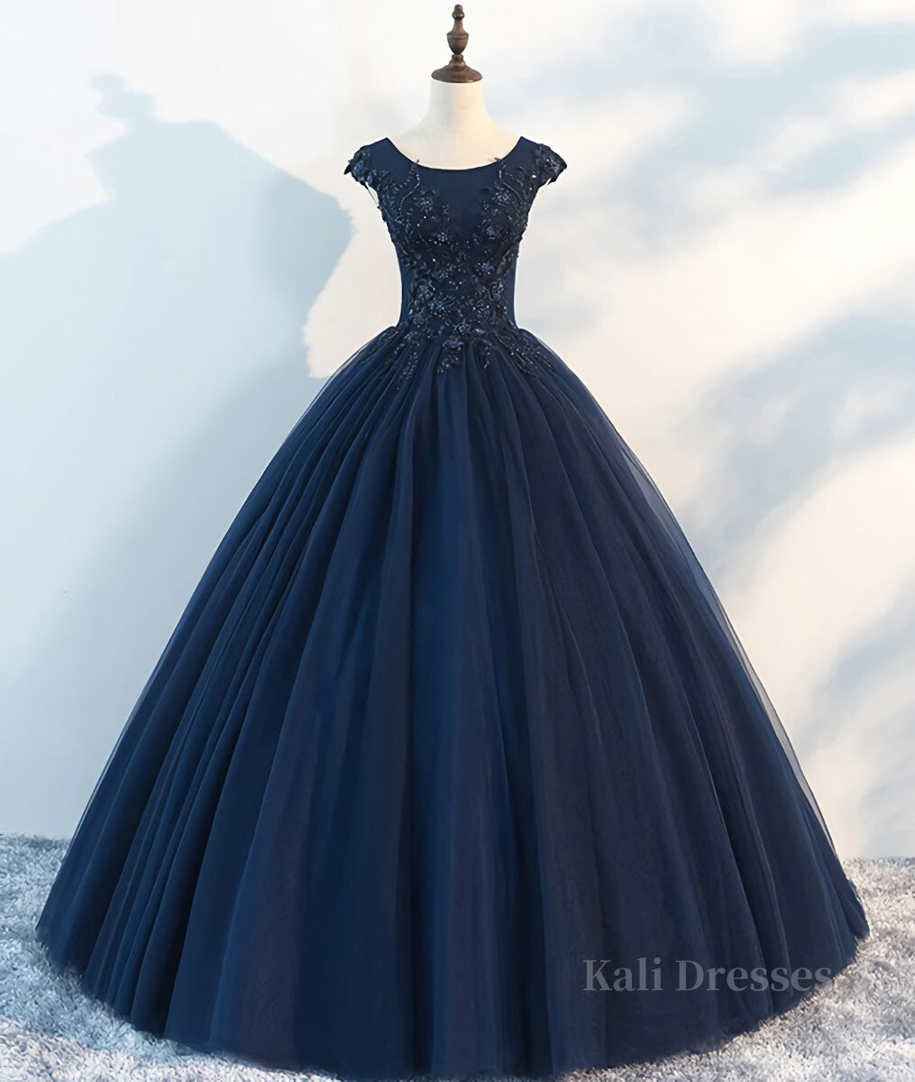 Dark blue round neck tulle lace long prom dress, blue tulle lace evening dress