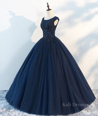 Dark blue round neck tulle lace long prom dress, blue tulle lace evening dress