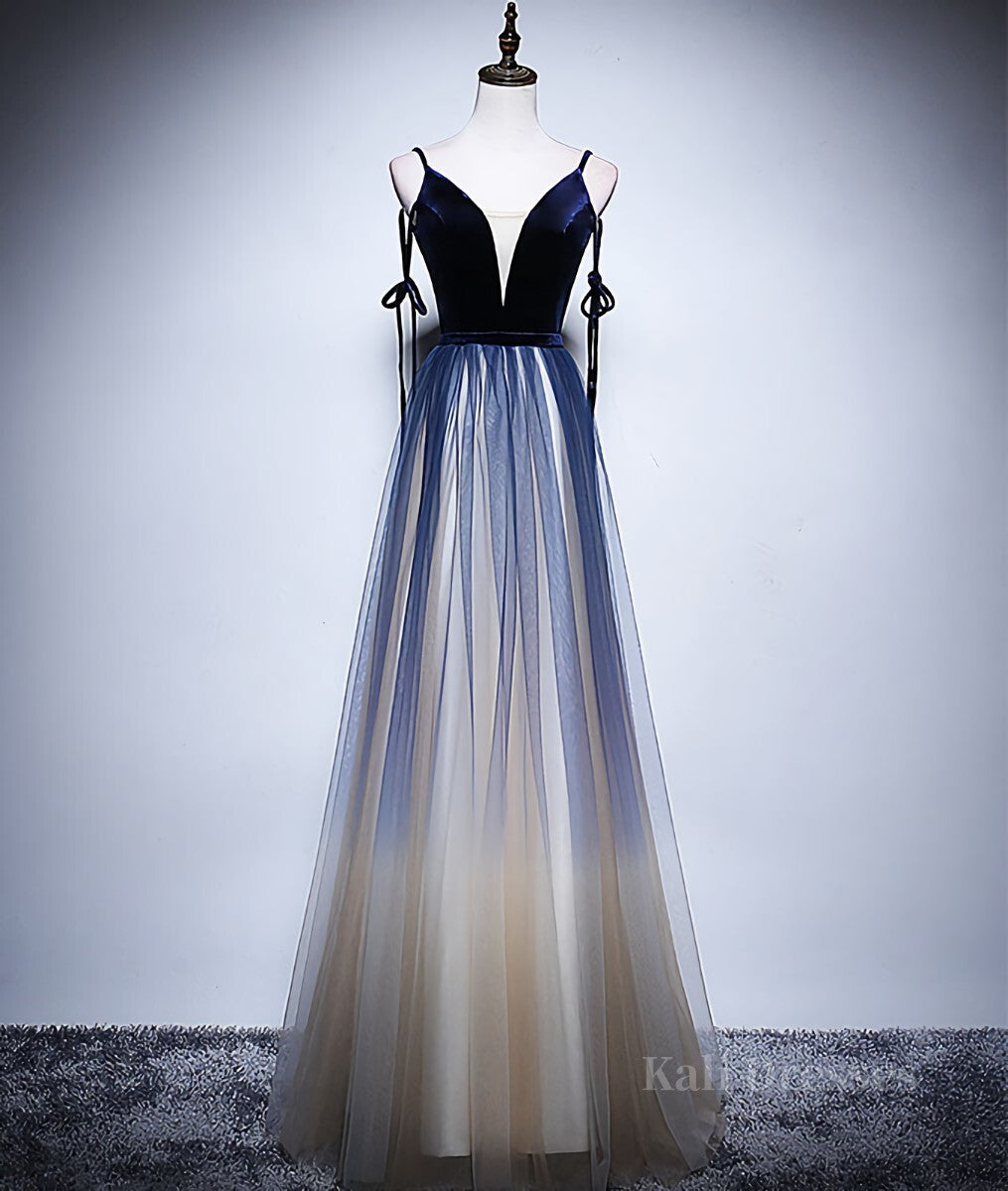 Dark blue tulle long prom dress, blue evening dress