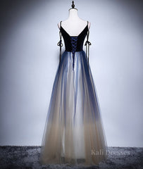 Dark blue tulle long prom dress, blue evening dress