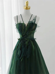 Dark Green Long Beaded A-line Evening Dress Party Dress, Green Prom Dress