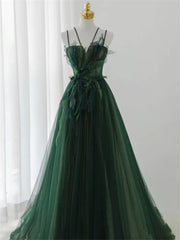 Dark Green Long Beaded A-line Evening Dress Party Dress, Green Prom Dress