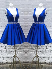 Deep V Neck Royal Blue Short Satin Prom Dresses, Royal Blue V Neck Short Formal Homecoming Dresses