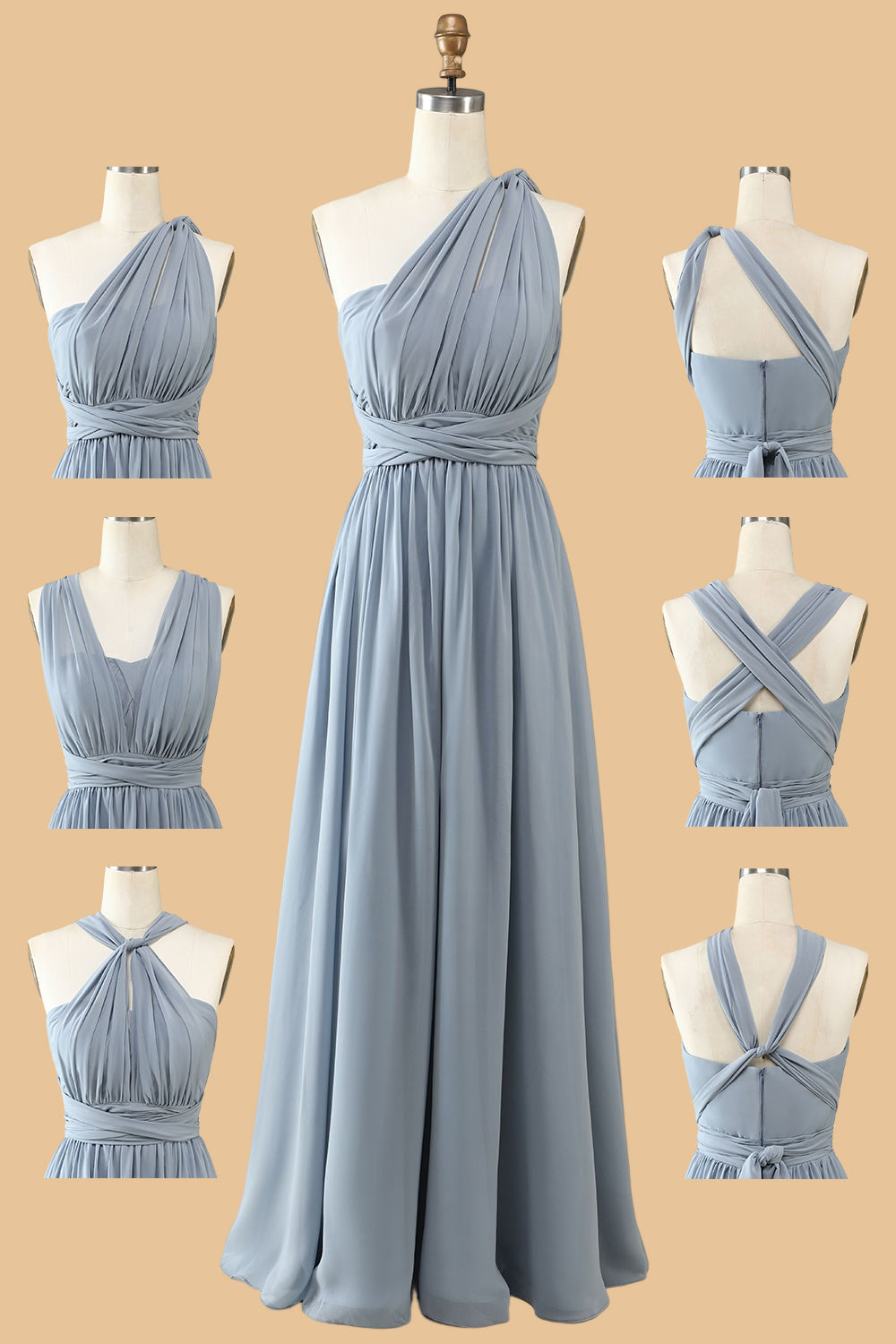 Dusty Blue A-line Chiffon Long Convertible Bridesmaid Dress